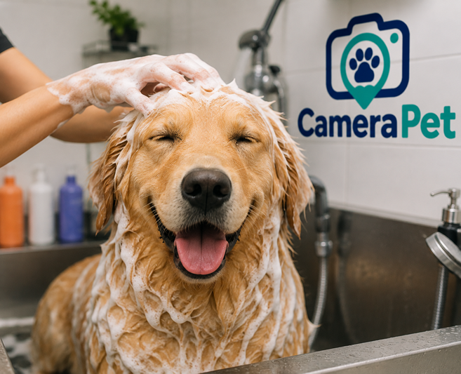 Golden retriever tomando banho, sendo enxaguado com carinho no pet shop